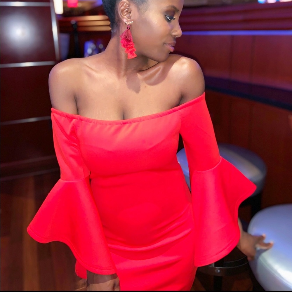 Red Off Shoulder Dress Flared Arms Sleeves